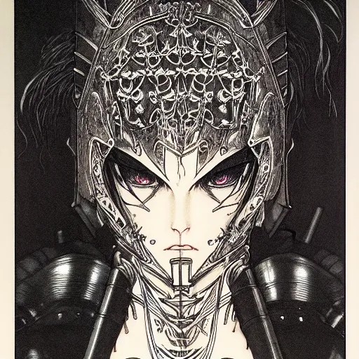 Image similar to prompt : black and white portrait soft light painted by takato yamamoto, black knight armor, inspired by ghost in shell anime, smooth face feature, intricate oil painting, high detail, sharp high detail, manga and anime 1 9 8 0