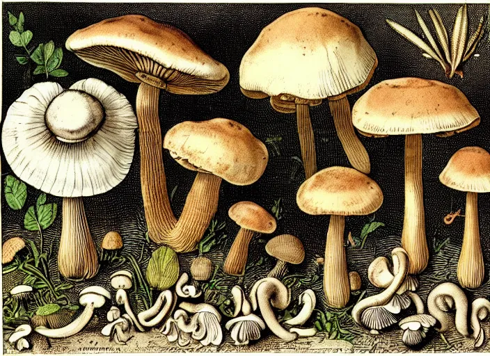 Image similar to mushrooms very rich life textbook scientific botanical mycological illustration, made by Wenceslas Hollar and Ernst Haeckel in vintage Victorian England colourised print style with saturated colours