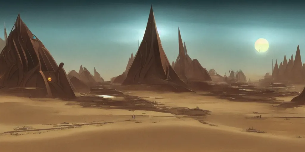Prompt: dune city and temples of arrakis, arrakeen with trees and water, arab ar architectural and brutalism and gigantism, from frank herbert novels, composition idea concept art for movies, style of denis villeneuve and greg fraiser
