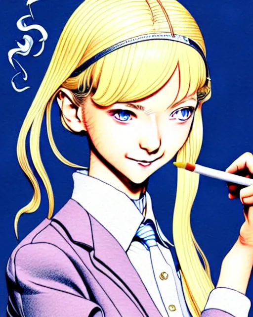 Image similar to illustration depicting a wealthy young mischievous female prep school student with medium length bright blonde hair and pale skin, in an old study room smoking her dad's cigarettes, complex artistic color ink pen sketch illustration, subtle detailing, illustrated by Artgerm and Range Murata.