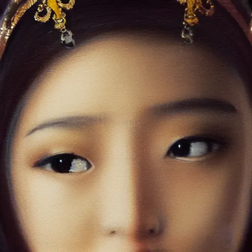 Image similar to Close-up of a young asian woman’s face wearing jewelry and a crown, low light and soft focus, painting in the style of Wlop