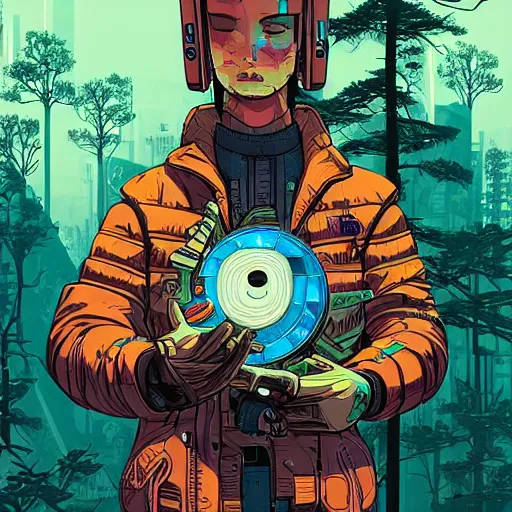 Image similar to Stunning close up of cyberpunk explorer holding his small circular robot friend in his hand, forest in background, highly detailed, by Victo Ngai and James Gilleard , Moebius, Laurie Greasley