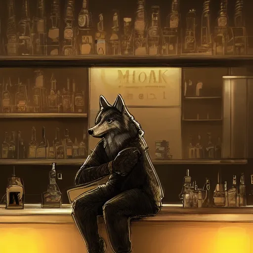 Prompt: Wolf like a Human, dressed black hoodie, sitting at the bar, light falls on him, sad mood, digital art, artstation, high quality, detailed