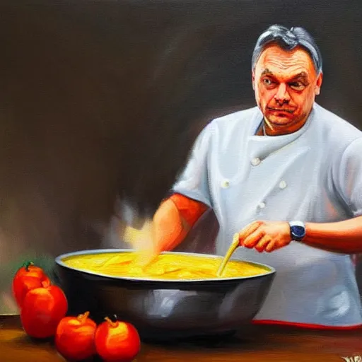 Image similar to viktor orban cooking, oil painting