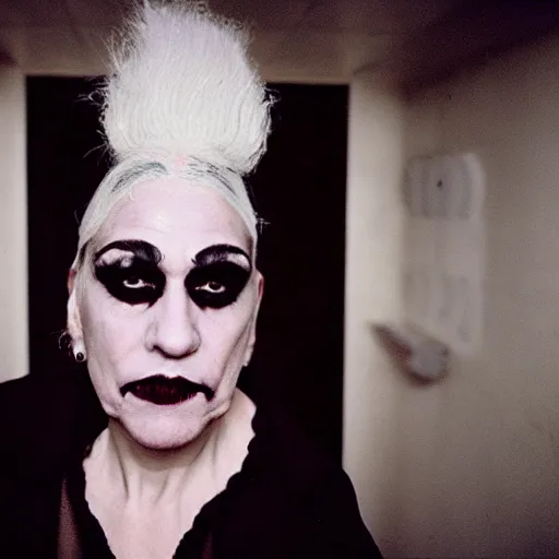 Image similar to a woman with white hair and makeup in a bathroom, an album cover by nan goldin, tumblr, international gothic, goth, antichrist, gothic