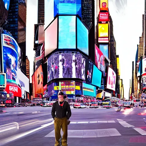 Prompt: time traveler meeting the future in times square alongside with his time machine, 8 k, detailed, lens blur