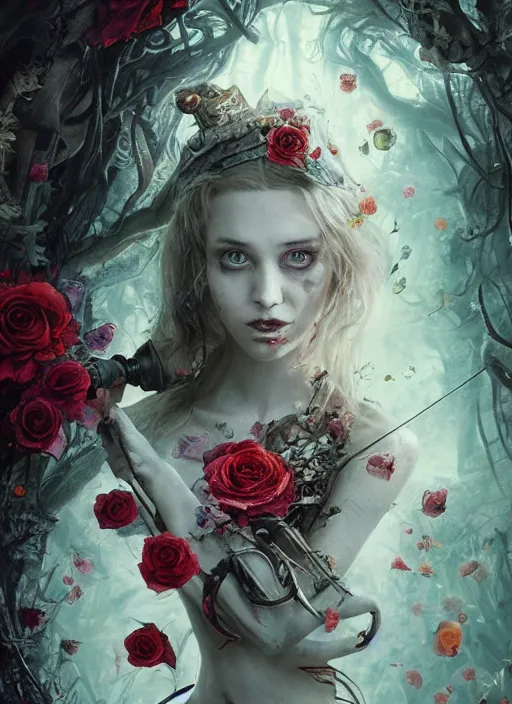 Image similar to Alice in Wonderland,roses,bullets,highly detailed,cinematic,8k,by Stanley Artgermm,Tom Bagshaw,Greg Rutkowski,Carne Griffiths, Ayami Kojima, Beksinski, Giger,trending on DeviantArt,hyper detailed,horror, full of colour