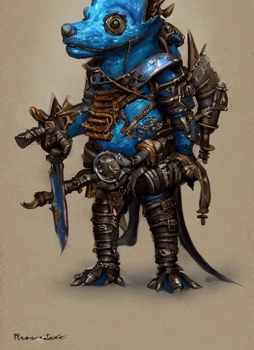 Prompt: blue skinned d & d kobold artificer in steam punk armor painted by raymond swanland