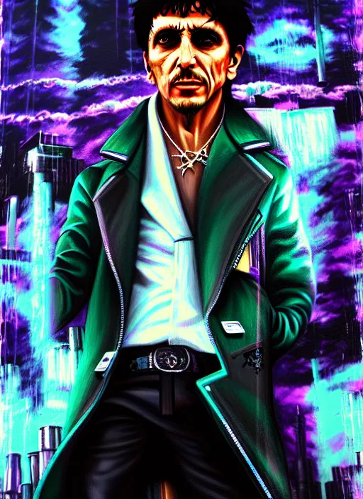 Prompt: photorealistic glamour necro science acrylic painting of tony montana in a style of cyberpunk delivery club, in salvia divinorum, made in abyss