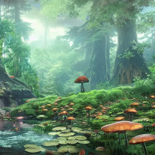 Image similar to Huge redwood tree village, mushrooms, flowers growing, pond, river, waterfalls, by Miyazaki Nausicaa Ghibli, breath of the wild style, epic composition Trending on Artstation, octane render, Insanely Detailed, 8k, HD