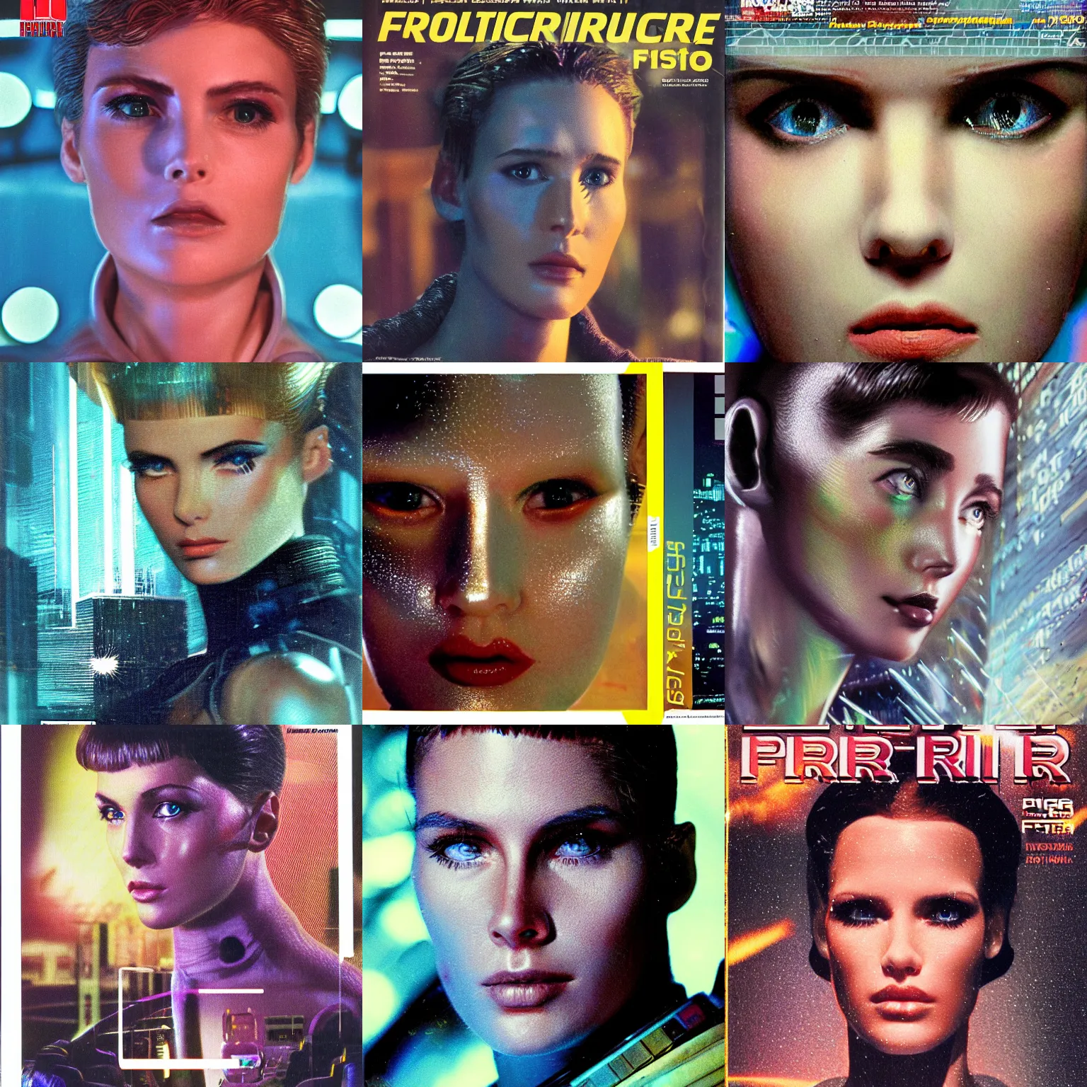 Prompt: beautiful extreme closeup portrait photo of 1990s frontiers in human android molecular fashion magazine September retrofuturism blade runner edition, highly detailed, focus on face, soft lighting