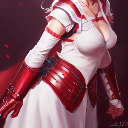 Image similar to card art of a girl wearing red armor with white dress, Cushart Krenz, very detailed, realistic face, detailed face, matte, tonemapping, bbwchan, perfection, 4K, Cushart Krenz