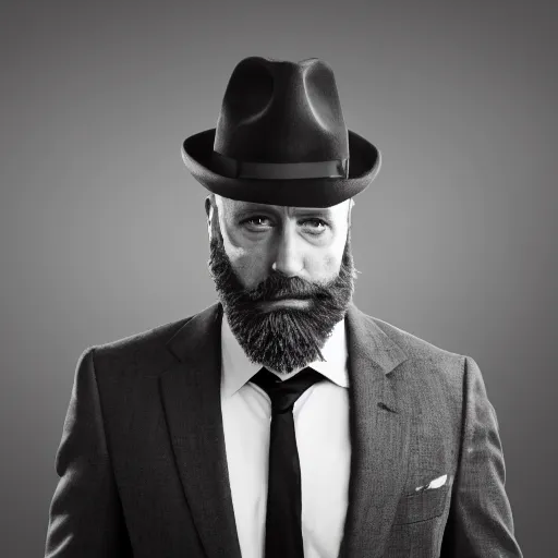 Prompt: bearded rugged man, noir detective, suit and tie, 4 k, photo realistic, black and white