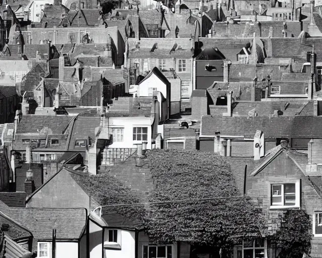 Prompt: view of a british street from an upstairs window, sunny day, cars parked, 2006