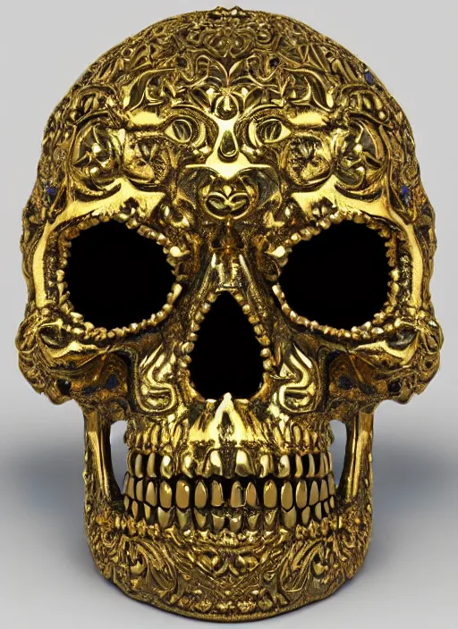 Image similar to ornate gothic gold skull realistic 3 d covered in jewels