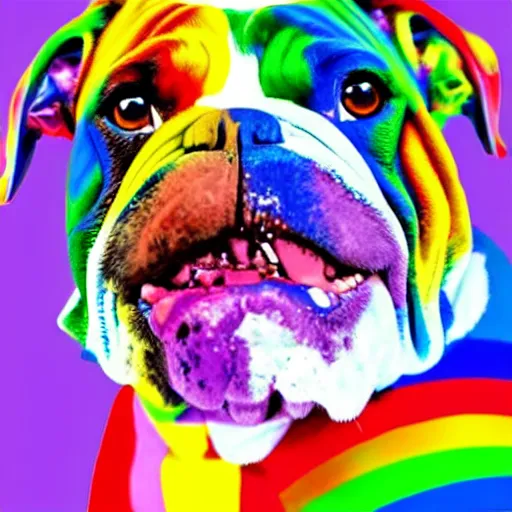 Prompt: rainbow excited smiling bulldog. pop art.