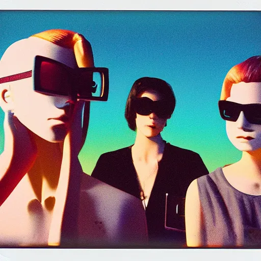 Prompt: vaporwave abstract 3 d vfx rendering, grainy portrait polaroid film photograph of a schoolbook where everyone is wearing sunglasses and super serious. one of them is a mannequin. super resolution. extremely detailed. just a little weird. polaroid 6 0 0 film. by annie leibovitz and richard avedon