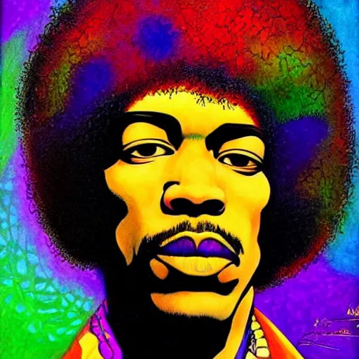 Prompt: colorfull artwork by Franklin Booth showing a portrait of Jimi Hendrix