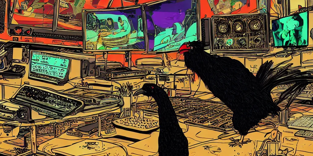 Image similar to 'black chicken'!!! smoking 'cannabis'!!!!!! in front of 'audio console'!!!! and 'multi monitors'!!!! 'in a hi-tech tv broadcasting studio'!!!!, artwork by James Gilleard