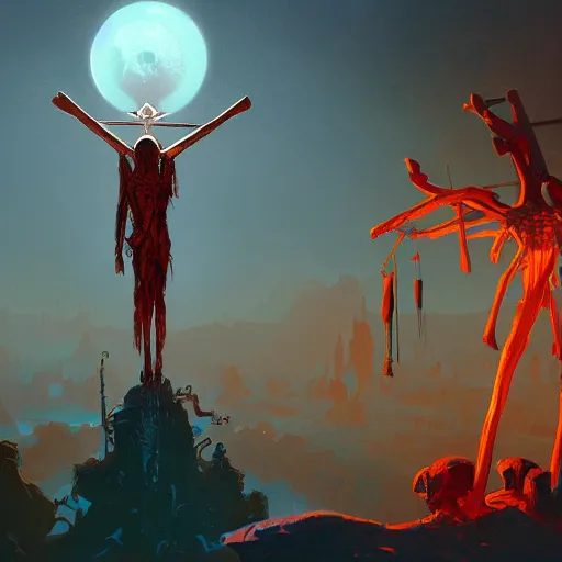 Image similar to an alien getting crucified while people stare at it, fantasy, intricate, elegant, highly detailed, digital painting artstation, blender, unreal engine 5, octane render, smooth, sharp focus, illustration, by Anton Fadeev and Philipp A. Urlich and Pengzhen Zhang and Andreas Rocha