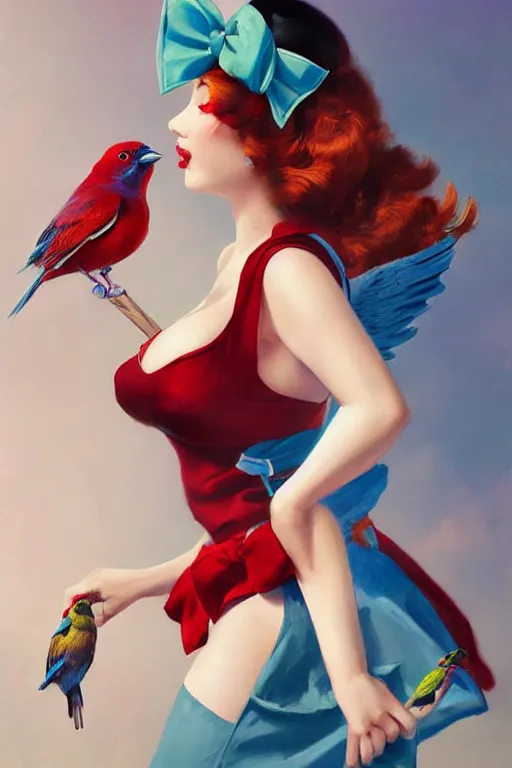 Image similar to hyper realistic painting, tasteful pinup girl, fashionable red hair, holding an indigo bunting, bird, the bird is wearing a bowtie, by greg rutkowski, rossdraws, gil elvgren, enoch bolles, anime, porcelain skin, very coherent