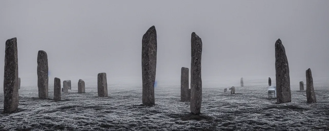 Prompt: wind turbines stand dormant among the neolithic standing stones of stenness, haunting, fog, grainy, snowing, atmospheric clouds, 4k, silhouette figures, windfar