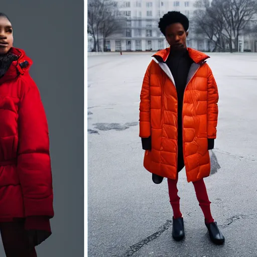 Image similar to realistic photoshooting for a new balenciaga lookbook color film photography portrait of a beautiful woman model, model wears a puffer jacket, photo in style of tyler mitchell, wes anderson, ssense