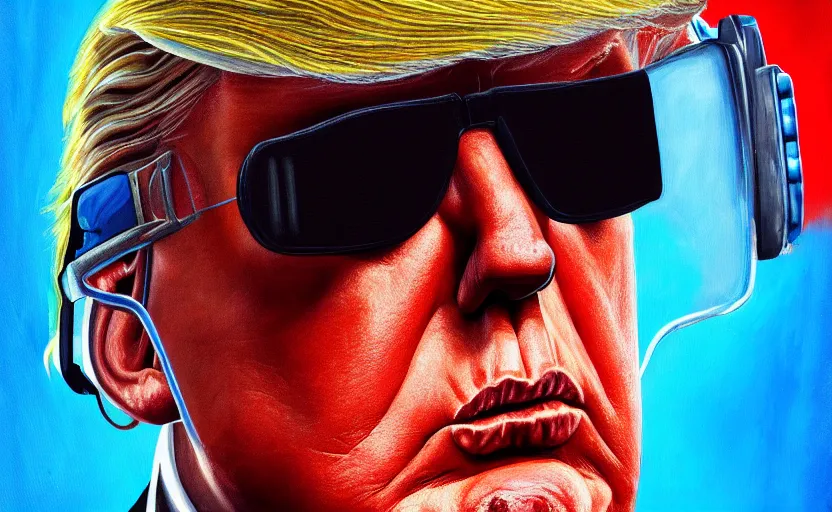 Image similar to closeup painting of donald trump, cyberpunk, wearing light blue shutter shades and a dark brown leather jacket, portrait, hyperdetailed, artstation, cgsociety, 8 k, synthwave by tangerine dream