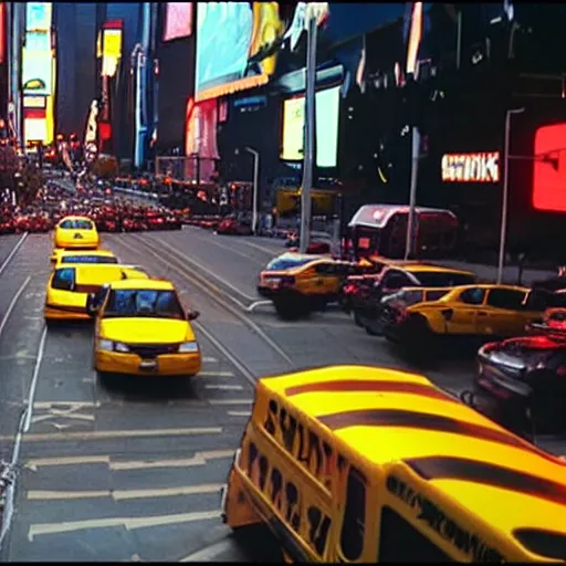 Prompt: giant snake eats yellow school bus, bus swallowed by giant snake, time square, cinematic, dramatic, film still