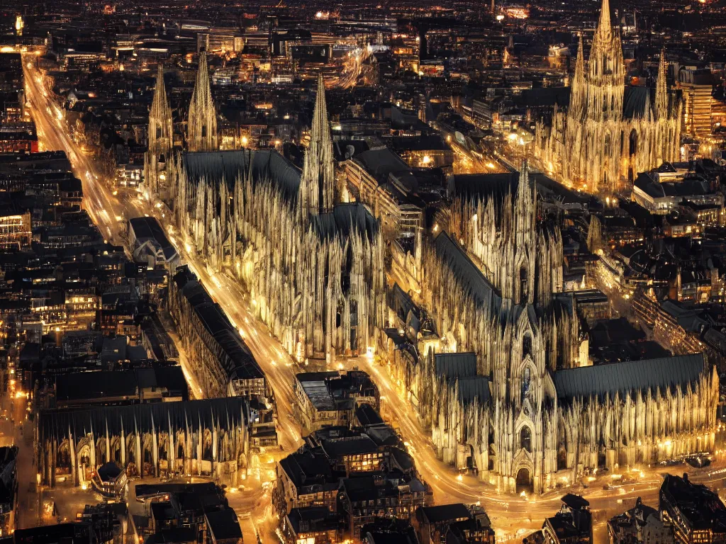 Image similar to cologne cathedral sourrounded by city, birds eye view, night, landscape, sky, volumetric lighting, 8 k octane beautifully detailed render, post - processing, extremely hyper - detailed, intricate, epic composition, intricate, trending on artstation, stunning art by frazetta, wonderful masterpiece by karine villette