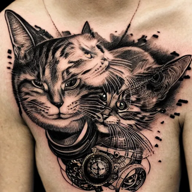 Image similar to tattoo sketch of a cat hugging the sun, on a canva, steampunk style, ornamental, line art, minimalism, industrial sci - fi, by mandy jurgens, ernst haeckel, james jean