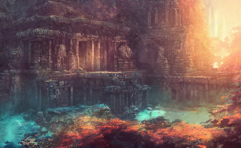 Image similar to anime underwater temple, semi realistic, straight lines, magical, ancient aztec temple, sci fi elements, overgrown, caustic lights, 8k hdr pixiv dslr photo by Makoto Shinkai ilya kuvshinov and Wojtek Fus, digital art, concept art,