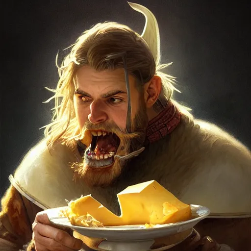 Image similar to a portrait of Viking rapaciously eating cheese, highly detailed, digital painting, artstation, concept art, sharp focus, illustration, art by artgerm and greg rutkowski and alphonse mucha