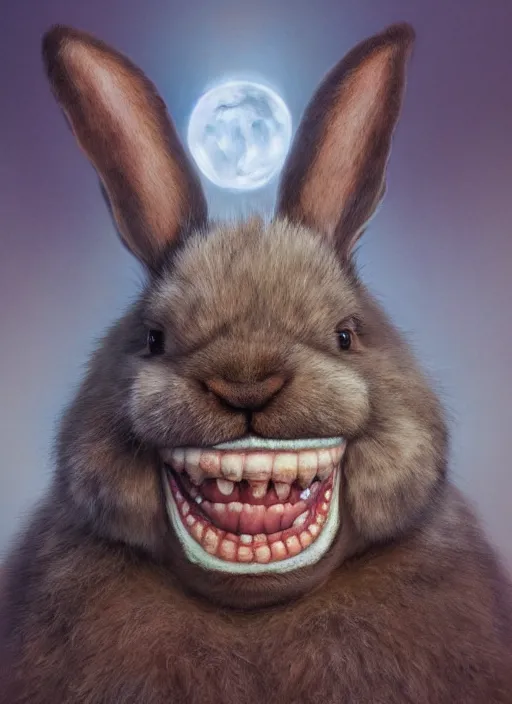 Prompt: hyper realistic, portrait of a derpy big chungus, with bunny rabbit ears, very fuzzy, furry, smoking weed, big smile, buck teeth, bright balanced lighting, by greg rutkowski, scott m fischer, artgerm, loish, slight glow, atmospheric, anne stokes, alexandros pyromallis, 4 k, 8 k