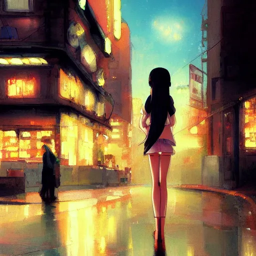 Image similar to a girl smoking, beautiful face, street at night, long hairfine art painting by makoto shinkai, featured on pixiv, hd