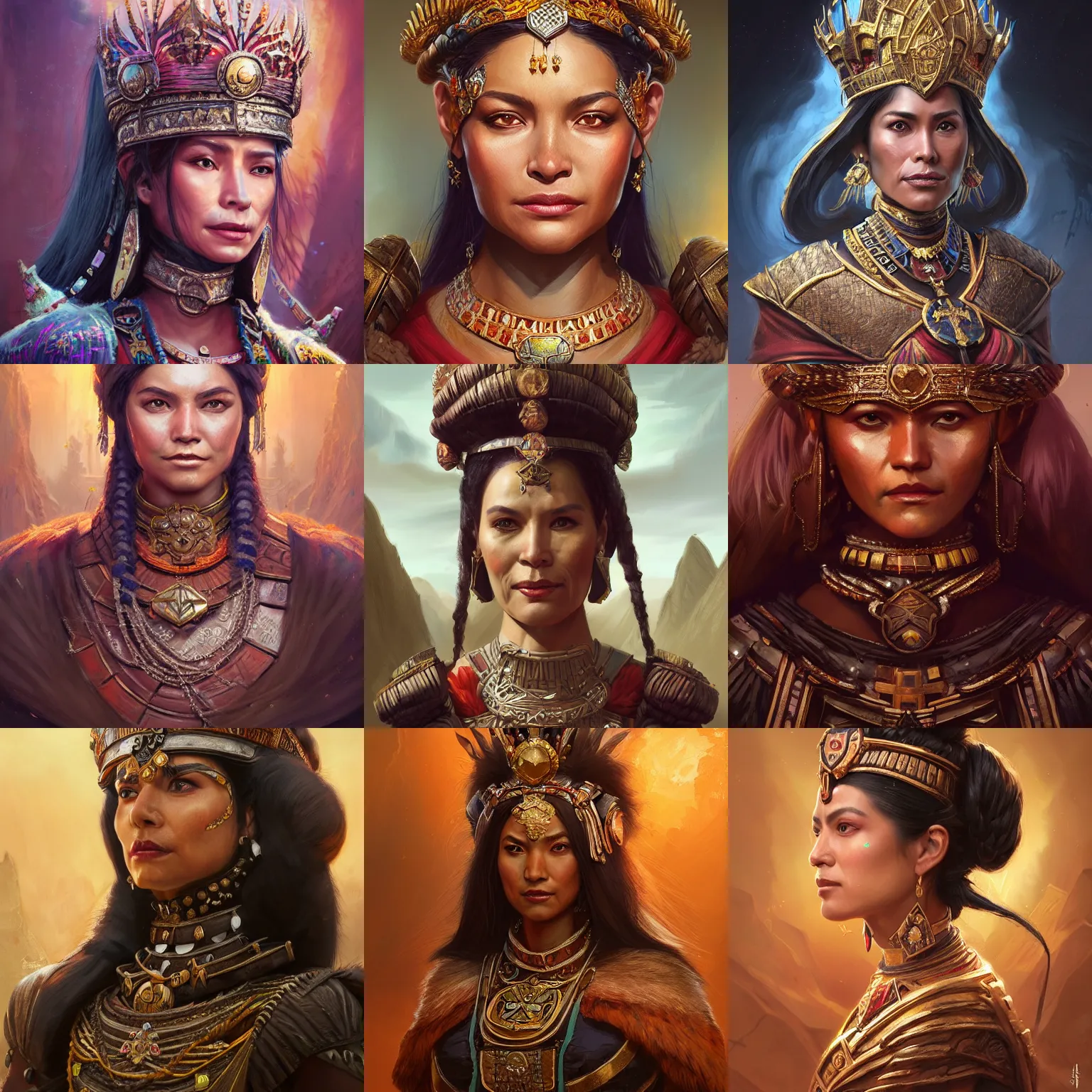 Image similar to incan empress, magaly solier, D&D, fantasy, portrait, highly detailed, digital painting, trending on artstation, concept art, sharp focus, illustration, art by artgerm and greg rutkowski and magali villeneuve