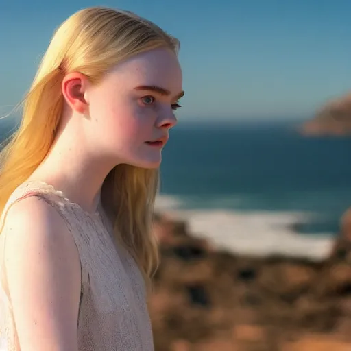 Prompt: Elle Fanning looking at the ocean by Edward Hoppper