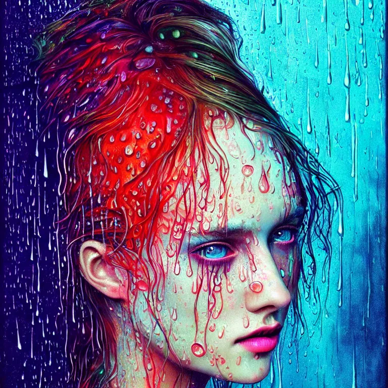 Image similar to bright asthetic portrait of LSD in rain with wet hair and face, liquid, fantasy, intricate, elegant, dramatic lighting, highly detailed, lifelike, photorealistic, digital painting, artstation, illustration, concept art, smooth, sharp focus, art by John Collier and Albert Aublet and Krenz Cushart and Artem Demura and Alphonse Mucha