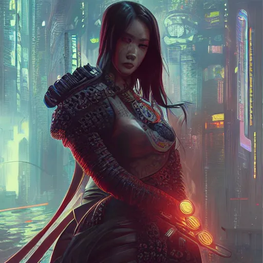 Image similar to cyberpunk samurai ,with techware , D&D, intricate, elegant, highly detailed, digital painting, japanese , altered carbon style,trending on artstation, concept art, illustration, art by Artgerm and Greg Rutkowski and Alphonse Mucha