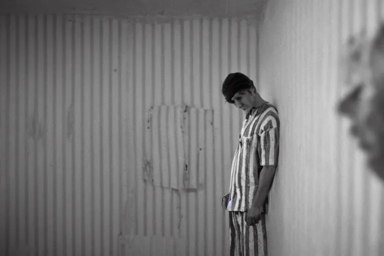 Prompt: a cinematic portrait of a mental patient dressed in a a black and white striped clothing, in a small brilliant white prison cell, red color theme, dust storm, annie leibovitz and zack snyder, 8 k, hd, high resolution, 8 5 mm, f / 1. 8