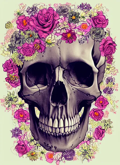Prompt: A skull surrounded by flowers, digital art, trending on Artstation, ornate