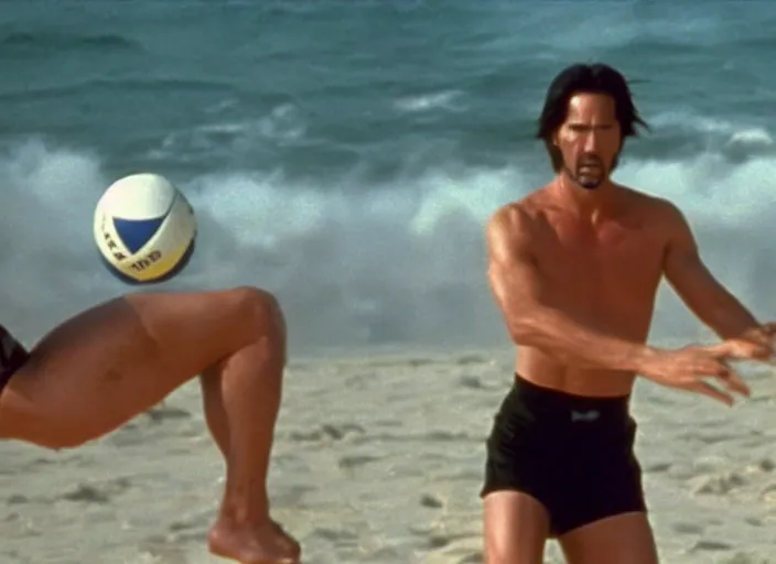 Image similar to film still of Keanu Reeves as Maverick playing beach volleyball in Top Gun 1986