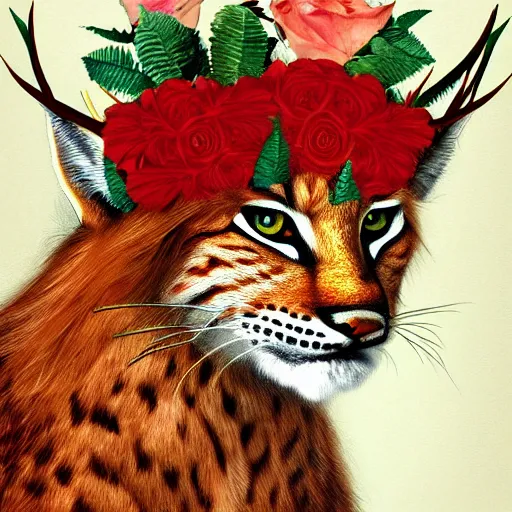 Prompt: lynx wearing a flower circle made out of roses and golden leaves on his head, a majestic crown, an expressive digital painting, high quality art