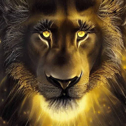 Image similar to portrait of a black lion with gold lightnings in the fur in the middle of the forest , concept art, huge scale, photorealistic, high details by Nick Nichols