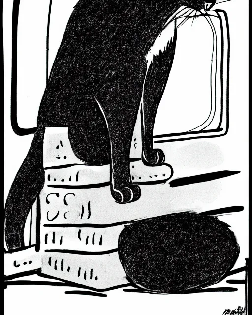 Image similar to a cat seated on the subway, cross-legged. White background. New Yorker cartoon. B&W. Black and white.