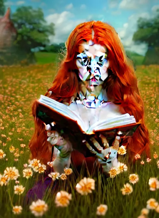 Image similar to An epic fantasy comic book style portrait painting of a young red headed girl reading a book in a field of flowers surrounded by bees, unreal 5, DAZ, hyperrealistic, octane render, cosplay, RPG portrait, dynamic lighting