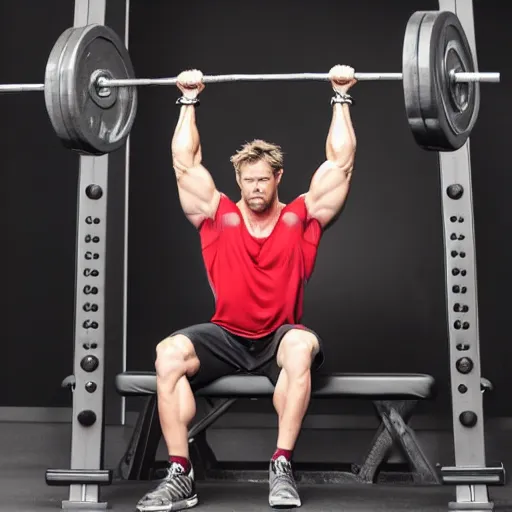 Image similar to Chris Hemsworth working out using a bench press, photorealistic imagery, studio photography, 4k, 8k, trending on artstation, artstation photorealism, artstationHQ.