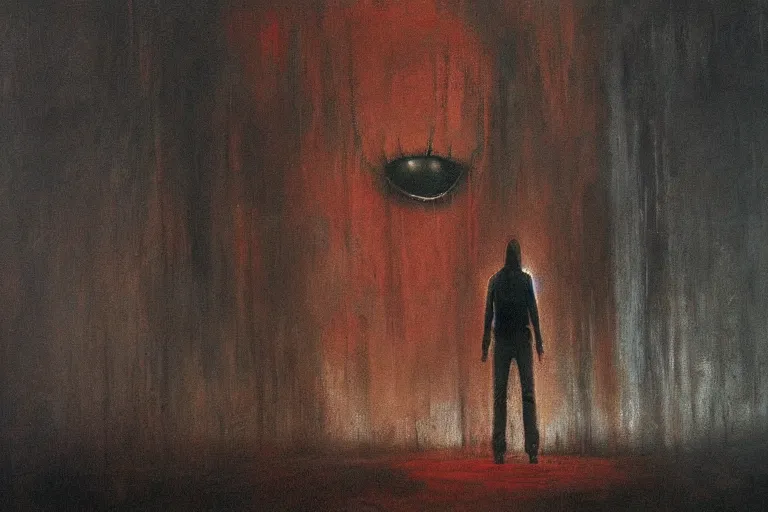 Image similar to standing at the eye of a giant being, silent hill, psychological horror, oil painting, atmospheric, eyes