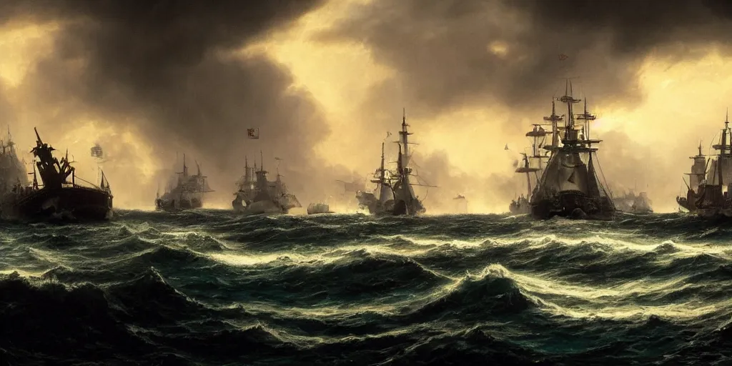 Prompt: Photorealistic,hyperdetailed hyper realistic close up shot rendering of sea battle with two galleons,dusk time,canon fire,explosions,full sails,smoke,Dark raging waters,dark stormy clouds by Greg Rutkowski,Jacques-Louis David,Beautiful dynamic dramatic very dark moody lighting,shadows,Cinematic Atmosphere,high surface and silhouette details,Octane Render,8k