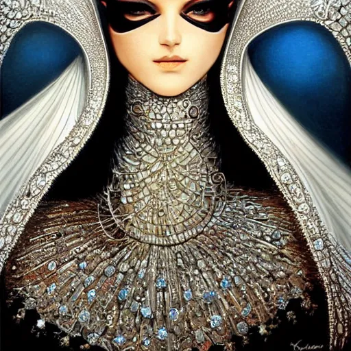 Prompt: a beautiful woman wearing a white niqab made of silver with jewelry and diamonds by karol bak, ayami kojima, arabian eyes, concept art, fantasy